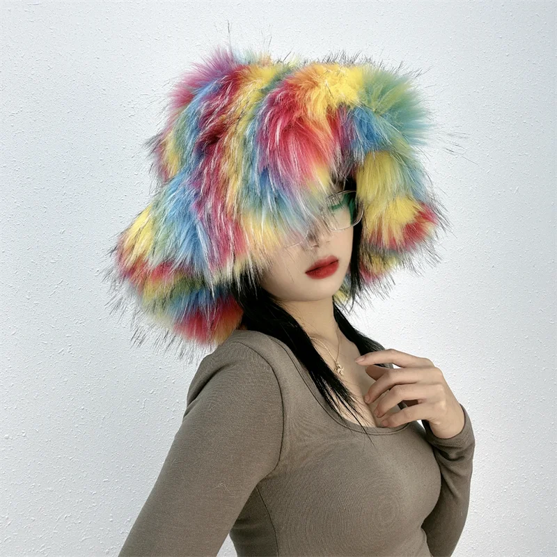 KIMLUD, Winter Women Faux Fur Bucket Hat Warm Raccoon Fur Hat Oversize Outdoor Punk Hat Girl Fashion Long Fur Bucket Hat Furry Cute Cap, rainbow colors / CHINA, KIMLUD APPAREL - Womens Clothes