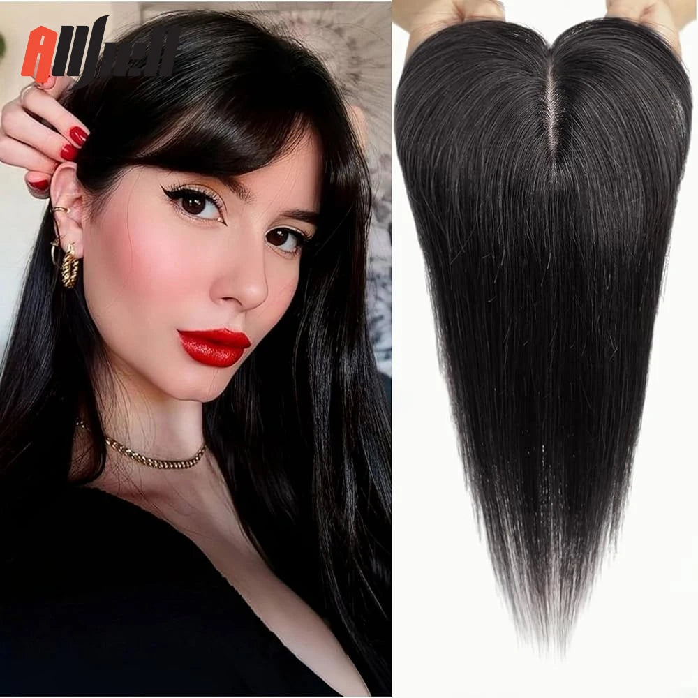 10/12/14 inches Hair Toppers for Women Brown Blonde Ombre Human Hair Toppers Silk Base Clips in Hair Extension Topper With Bangs
