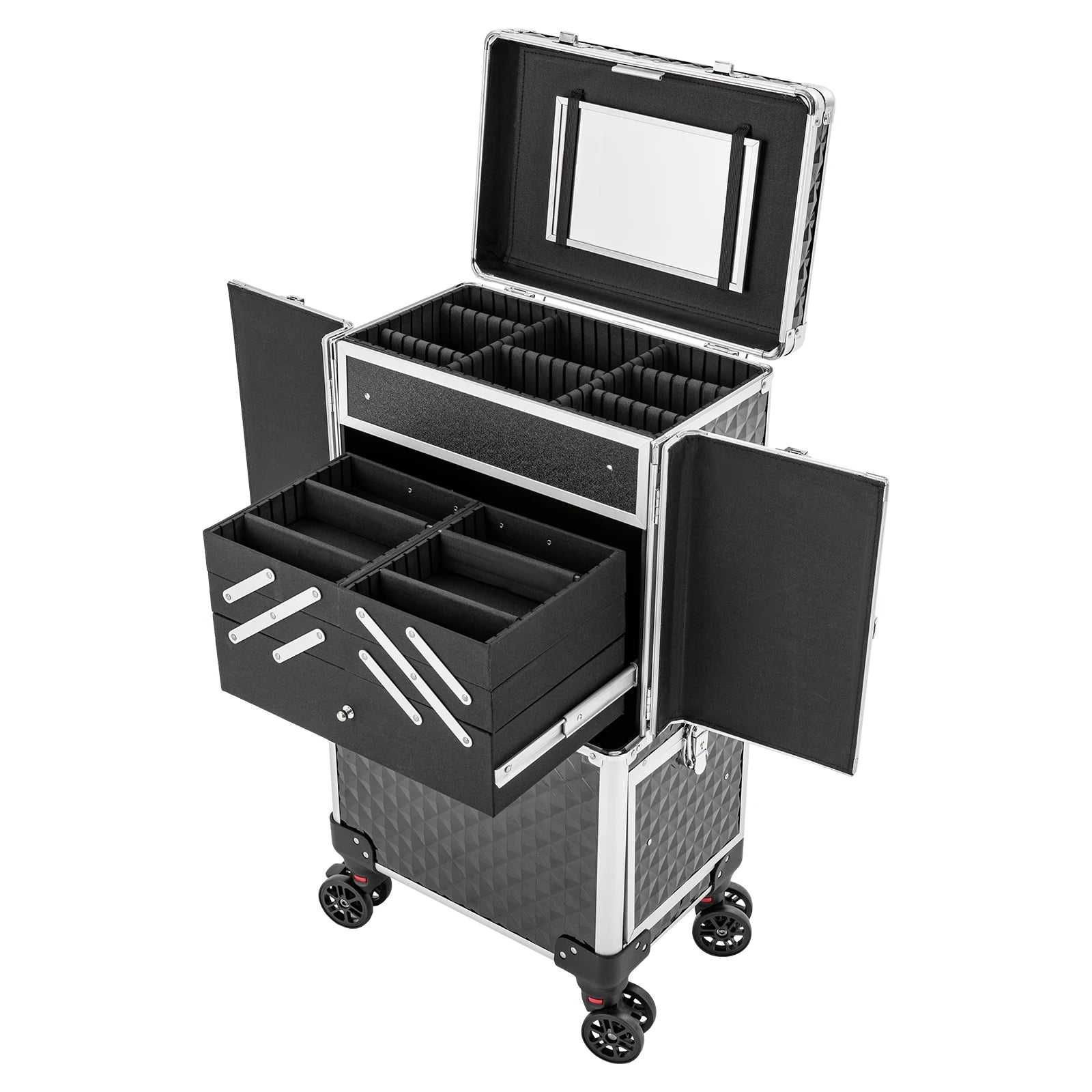 Multi-tier Rolling Makeup Case, Heavy-duty ABS and Fiberboard Construction, Ergonomic Handle, Perfect for Hairstylists