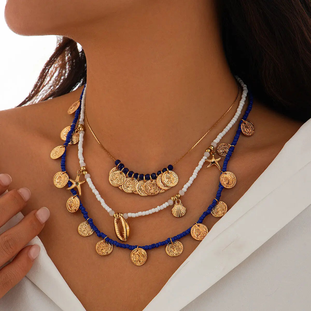 Ingemark 3Pcs/Set Boho Seed Beads Chain Necklace for Women Beach Vintage Metal Conch Starfish Coin Pendant Choker Y2K Jewelry