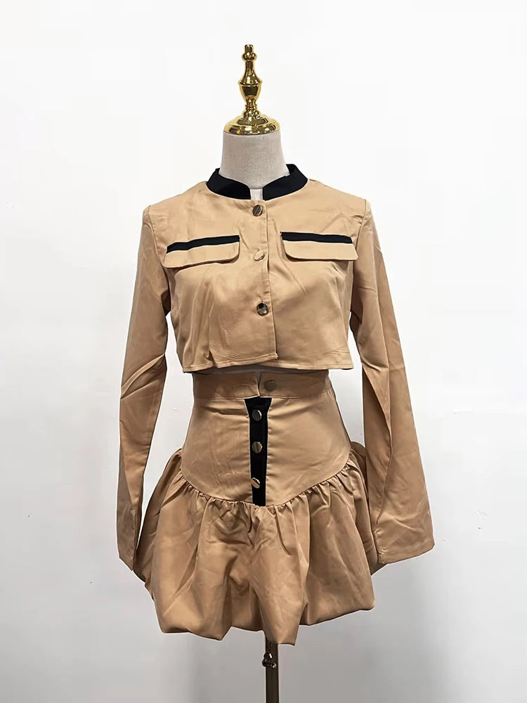 TWOTWINSTYLE Colorblock Two Piece Set For Women O Neck Long Sleeve Coat High Waist Spliced Button Skirt Slimming Sets Female New - KIMLUD
