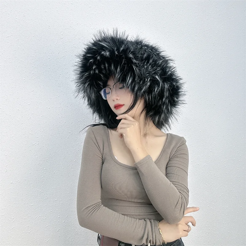 KIMLUD, Winter Women Faux Fur Bucket Hat Warm Raccoon Fur Hat Oversize Outdoor Punk Hat Girl Fashion Long Fur Bucket Hat Furry Cute Cap, BLACK2 / CHINA, KIMLUD APPAREL - Womens Clothes