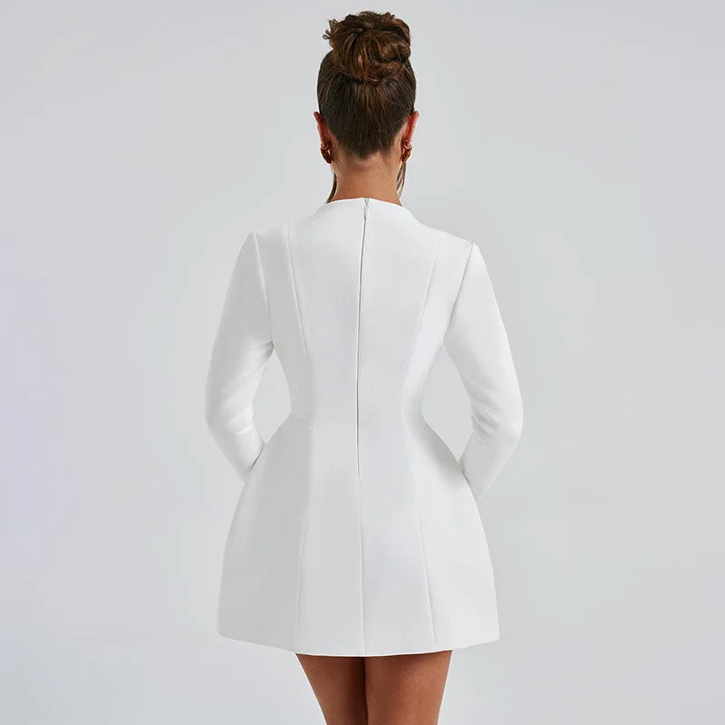 Fashion Deep V-neck Tunics Short Dress White Black Women Autumn Winter Long Sleeve High Waist Party Dresses Female Blazer Dress - KIMLUD