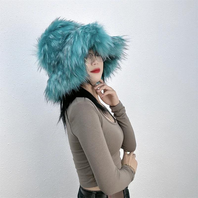 KIMLUD, Winter Women Faux Fur Bucket Hat Warm Raccoon Fur Hat Oversize Outdoor Punk Hat Girl Fashion Long Fur Bucket Hat Furry Cute Cap, KIMLUD Womens Clothes