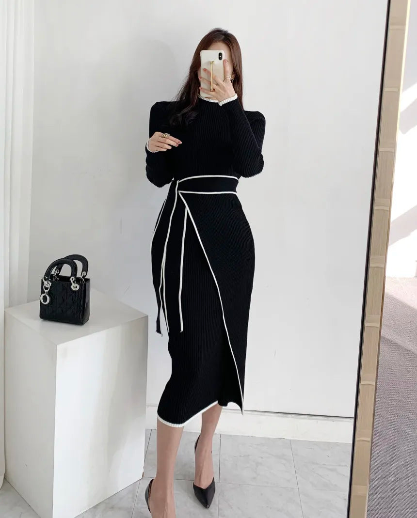 KIMLUD, Elegant Stand Collar Contrast Bandage Long Sleeve Women Knitted Dress Autumn Korean Fashion Casual Knit Bodycondresses Vestidos, KIMLUD Womens Clothes