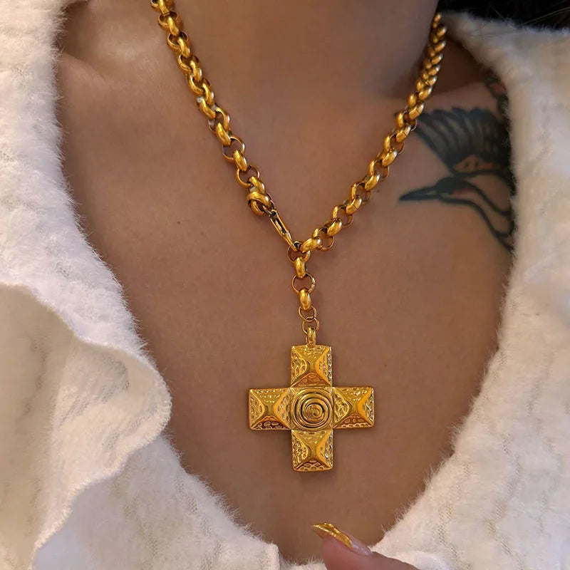 Swirling cross statement necklaces stainless steel necklaces for women vintage chunky stainless steel jewelry non tarnish - KIMLUD