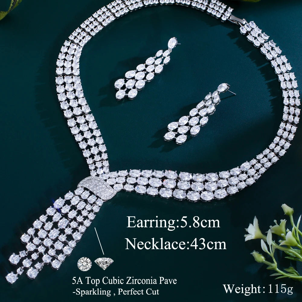 CWWZircons Luxury Dangle Tassel Drop Cubic Zirconia Big Wedding Bridal Party Necklace and Earrings Jewelry Sets for Women T750