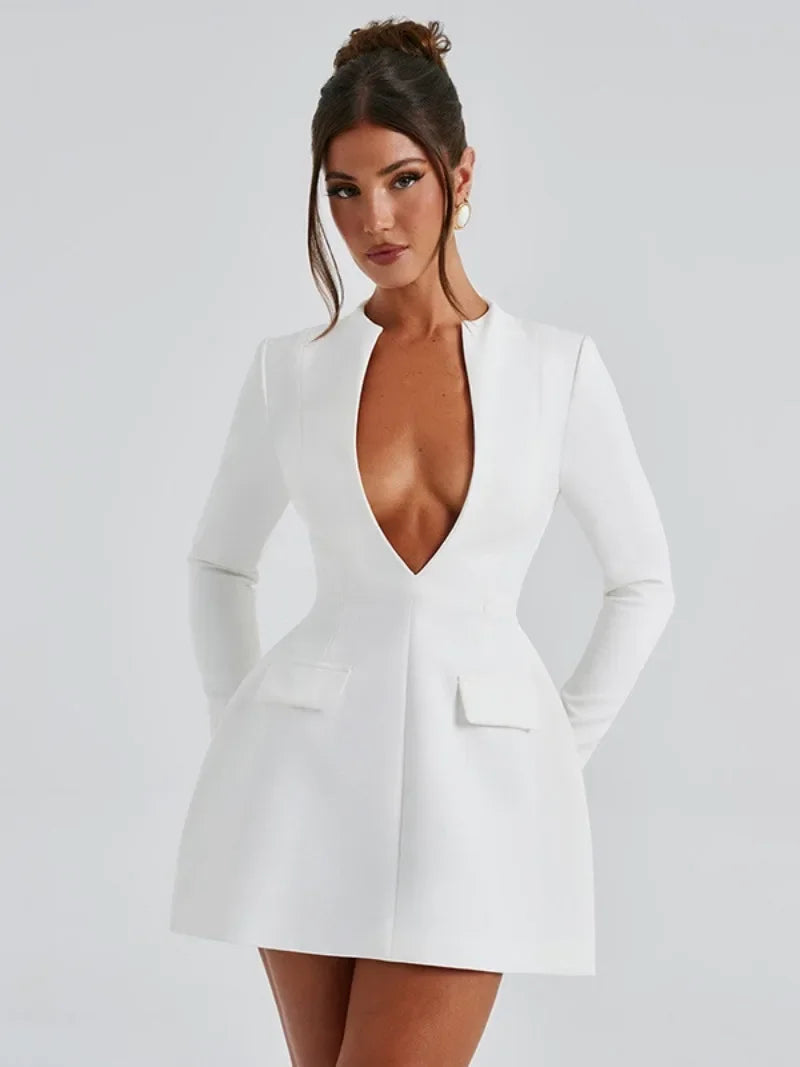 Fashion Deep V-neck Tunics Short Dress White Black Women Autumn Winter Long Sleeve High Waist Party Dresses Female Blazer Dress - KIMLUD