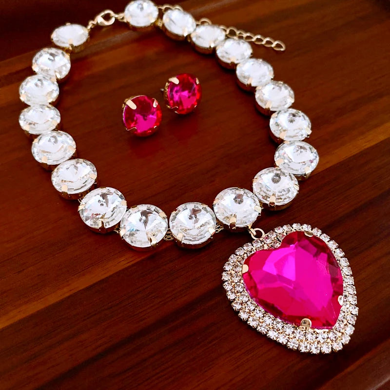 Romantic Heart Pendant Necklace Earrings Set Luxury Rhinestone Necklace Stud Earrings Jewelry Sets For Party Wedding Bridal