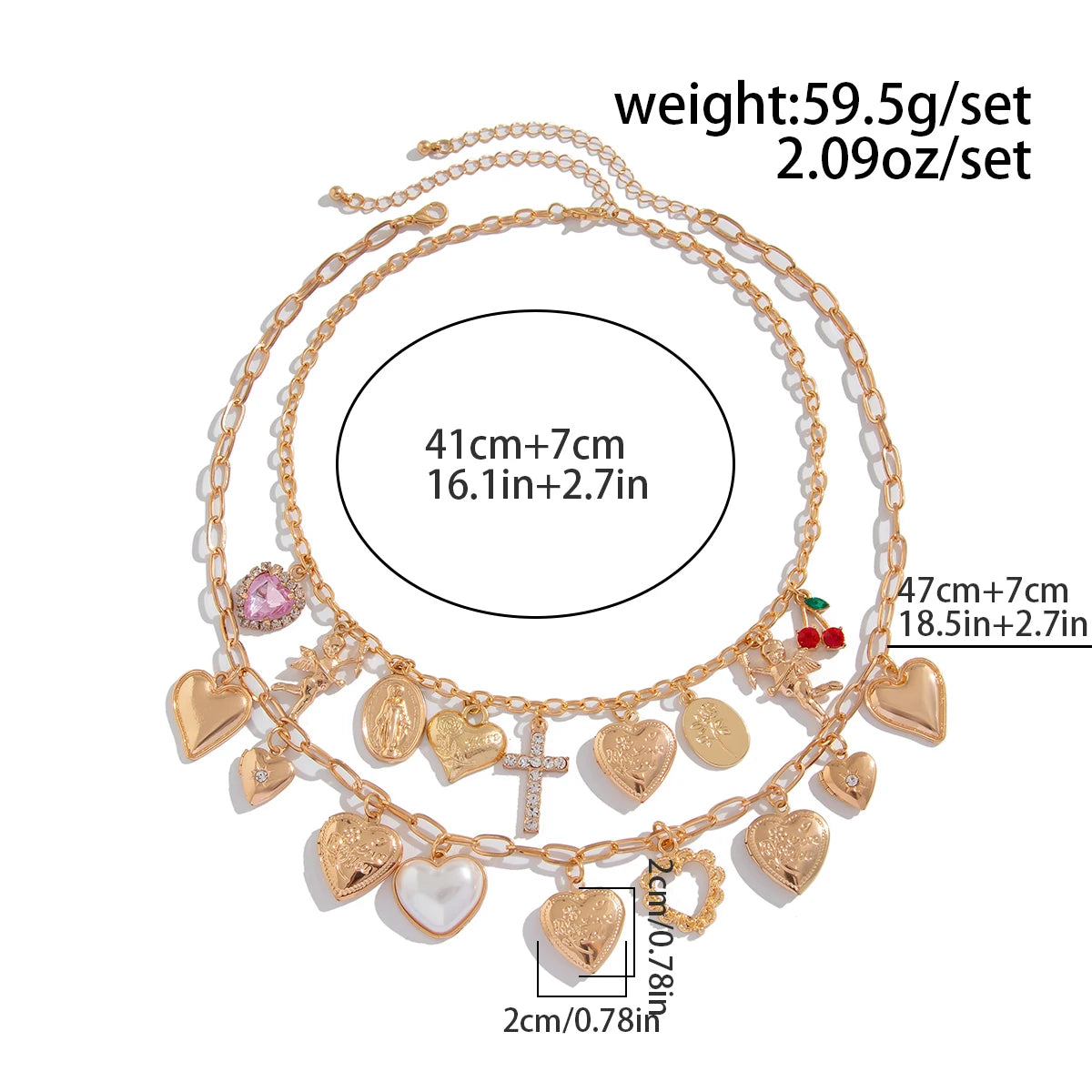 Ingemark 2Pcs/Set Punk Classic Metal Chain Necklace for Women Vintage Love Heart Rhinestone Cross Pendant New Year Jewelry Gift