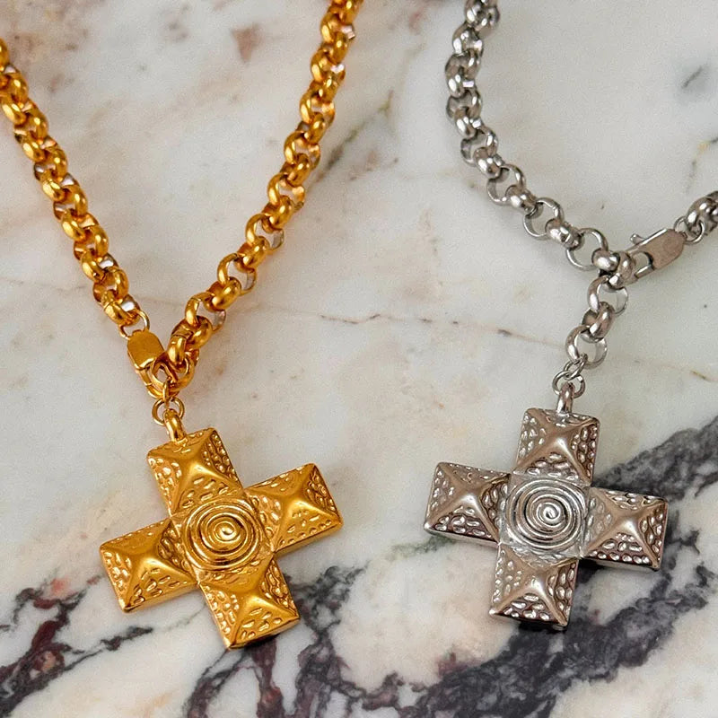 Swirling cross statement necklaces stainless steel necklaces for women vintage chunky stainless steel jewelry non tarnish - KIMLUD
