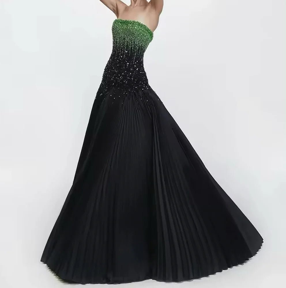 customizedJersey Sleeveless Strapless Floor Length A-LineEvening Dress Sweep Train Sequined and Crystal Formal Photo Color Prom