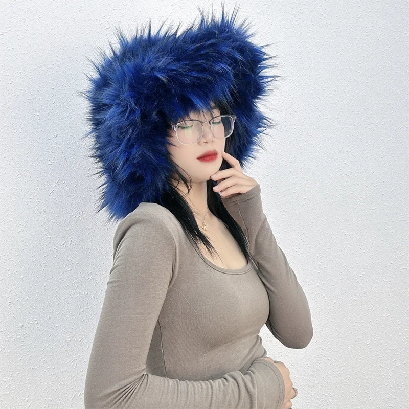 KIMLUD, Winter Women Faux Fur Bucket Hat Warm Raccoon Fur Hat Oversize Outdoor Punk Hat Girl Fashion Long Fur Bucket Hat Furry Cute Cap, BLUE / CHINA, KIMLUD APPAREL - Womens Clothes
