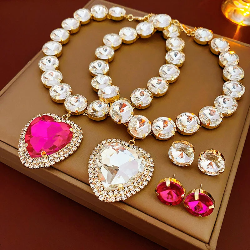 Romantic Heart Pendant Necklace Earrings Set Luxury Rhinestone Necklace Stud Earrings Jewelry Sets For Party Wedding Bridal