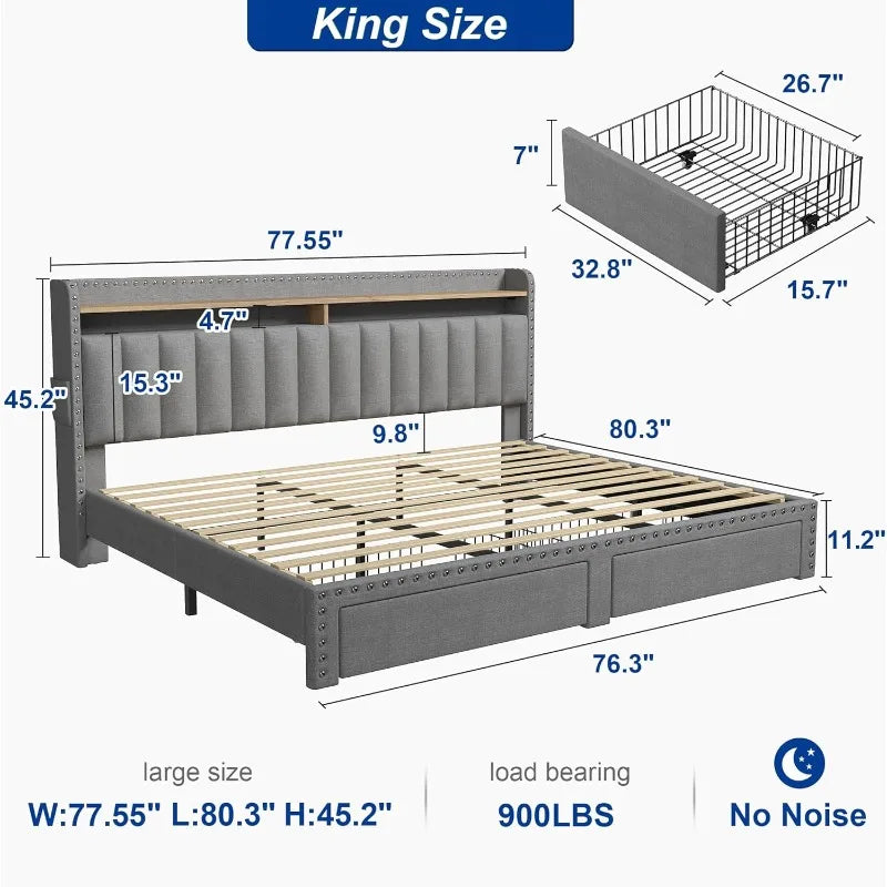 KIMLUD, King Size Bed Frame with Storage and Headboard, Upholstered King Bed Frame with Storage, Grey King Bed Frame with 2 Drawers, KIMLUD Womens Clothes