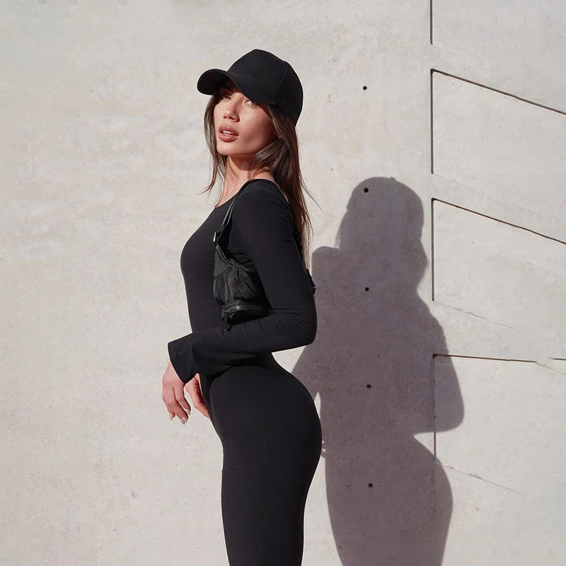 Black Sexy Jumpsuits Women New Autumn Fashion Backless Long Sleeve Solid Sports Fitness Yoga Rompers Casual Slim Fashion Overall