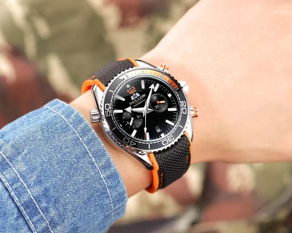 Automatic Watch for Men Mechanical Canvas Rubber Strap Orange Blue Red Multifunction Date Month Reloj Hombre Baratos