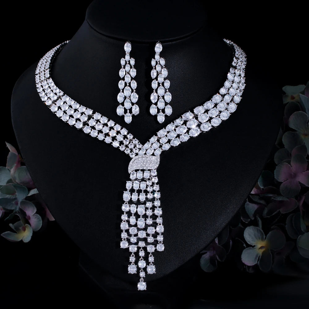 CWWZircons Luxury Dangle Tassel Drop Cubic Zirconia Big Wedding Bridal Party Necklace and Earrings Jewelry Sets for Women T750