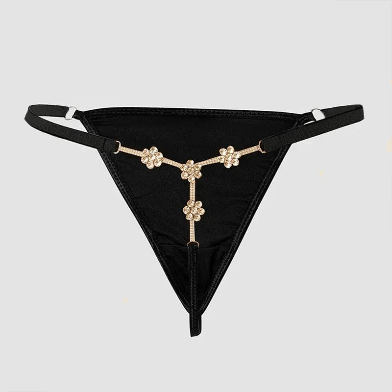 Stonefans Sexy Flower Crystal Thong Bikini Panties Jewelry for Women Stretch Rope Rhinestone Thong Back Panties Body Jewelry