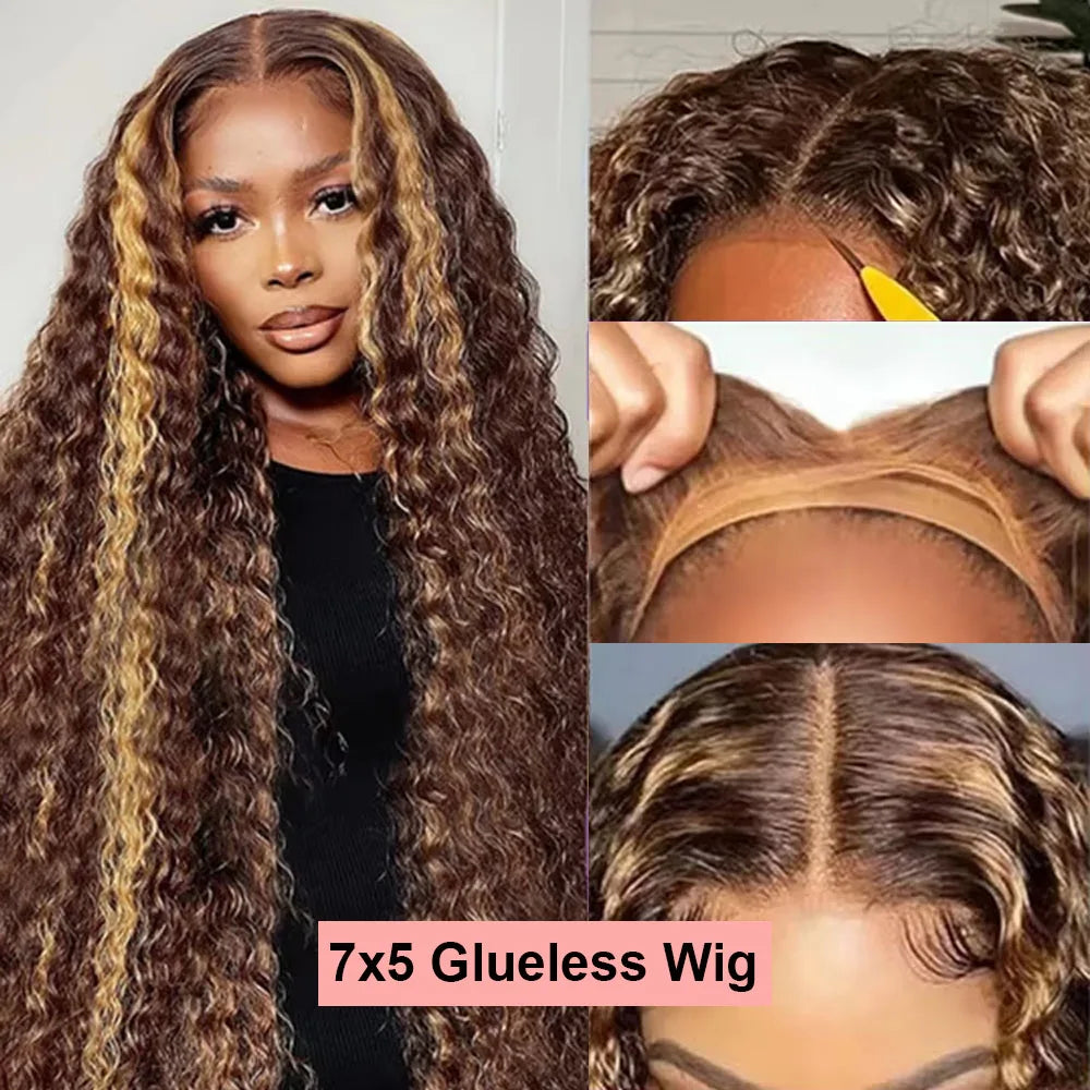 4/27 Ombre Curly Highlight Wig Human Hair Preplucked 7x5 Lace Closure Glueless Wigs Human Hair Deep Wave Ready To Wear For Women