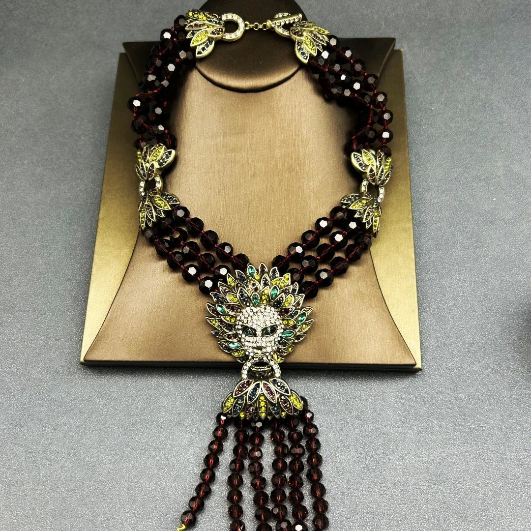 Medieval Vintage Palace Retro Full Inlaid Lion Head Heavy Multi-layer Tassel Necklace Earrings Set