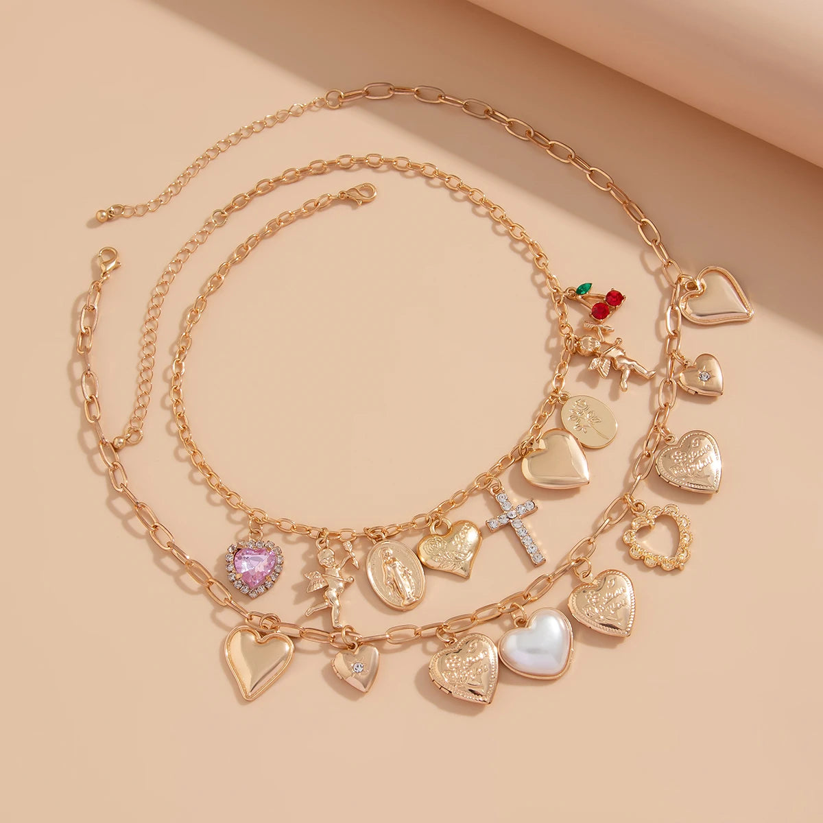 Ingemark 2Pcs/Set Punk Classic Metal Chain Necklace for Women Vintage Love Heart Rhinestone Cross Pendant New Year Jewelry Gift
