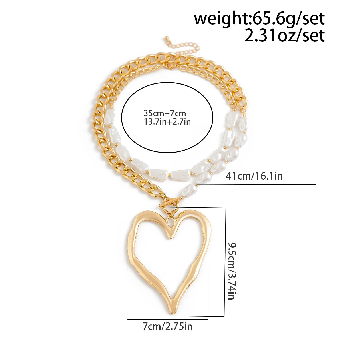 Ingemark 2Pcs/Set Exaggerated Big Love Heart Pendant Choker Nekclace for Women Wed Bridal Goth Imitation Pearl Chain Y2K Jewelry