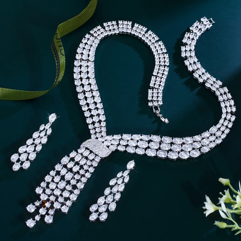 CWWZircons Luxury Dangle Tassel Drop Cubic Zirconia Big Wedding Bridal Party Necklace and Earrings Jewelry Sets for Women T750