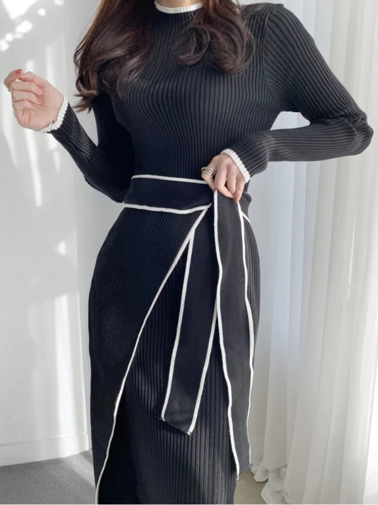 KIMLUD, Elegant Stand Collar Contrast Bandage Long Sleeve Women Knitted Dress Autumn Korean Fashion Casual Knit Bodycondresses Vestidos, Black / One Size, KIMLUD APPAREL - Womens Clothes