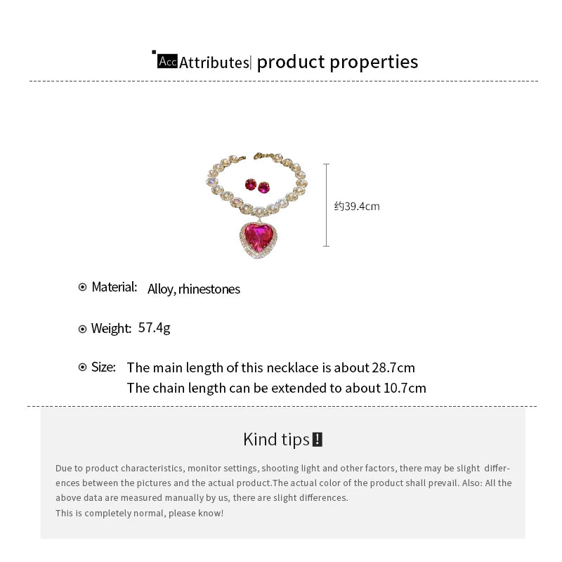 Romantic Heart Pendant Necklace Earrings Set Luxury Rhinestone Necklace Stud Earrings Jewelry Sets For Party Wedding Bridal