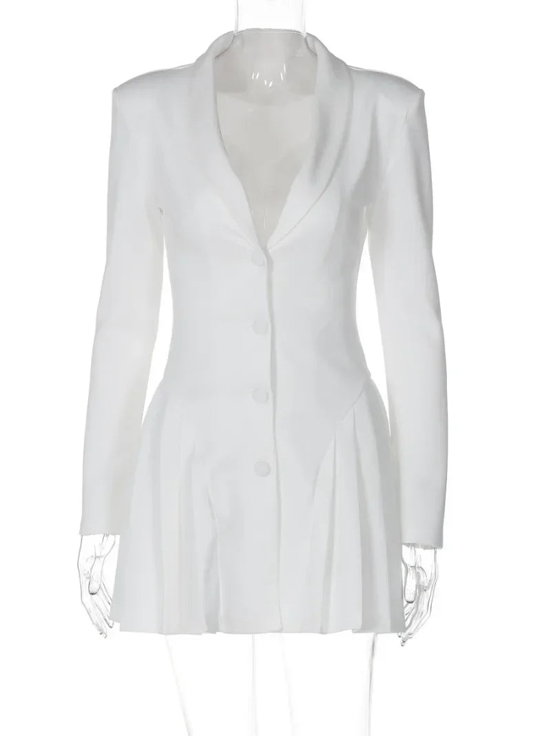 Woman Clothing Long Sleeve Single Breasted Ruffles Blazer Dress 2024 Autumn High Waist Tunics White Party Dresses Black Vestidos - KIMLUD