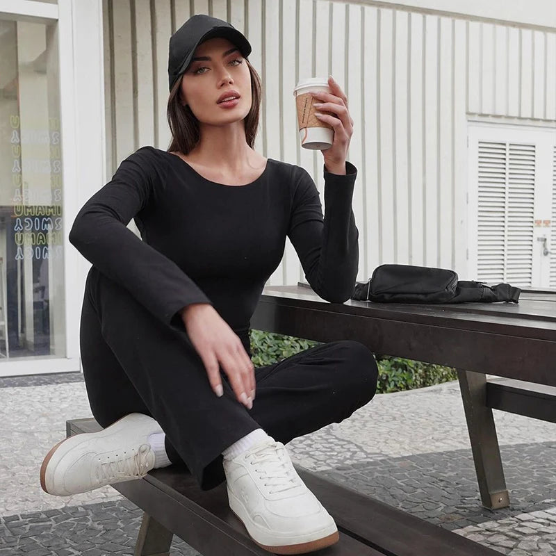 Black Sexy Jumpsuits Women New Autumn Fashion Backless Long Sleeve Solid Sports Fitness Yoga Rompers Casual Slim Fashion Overall