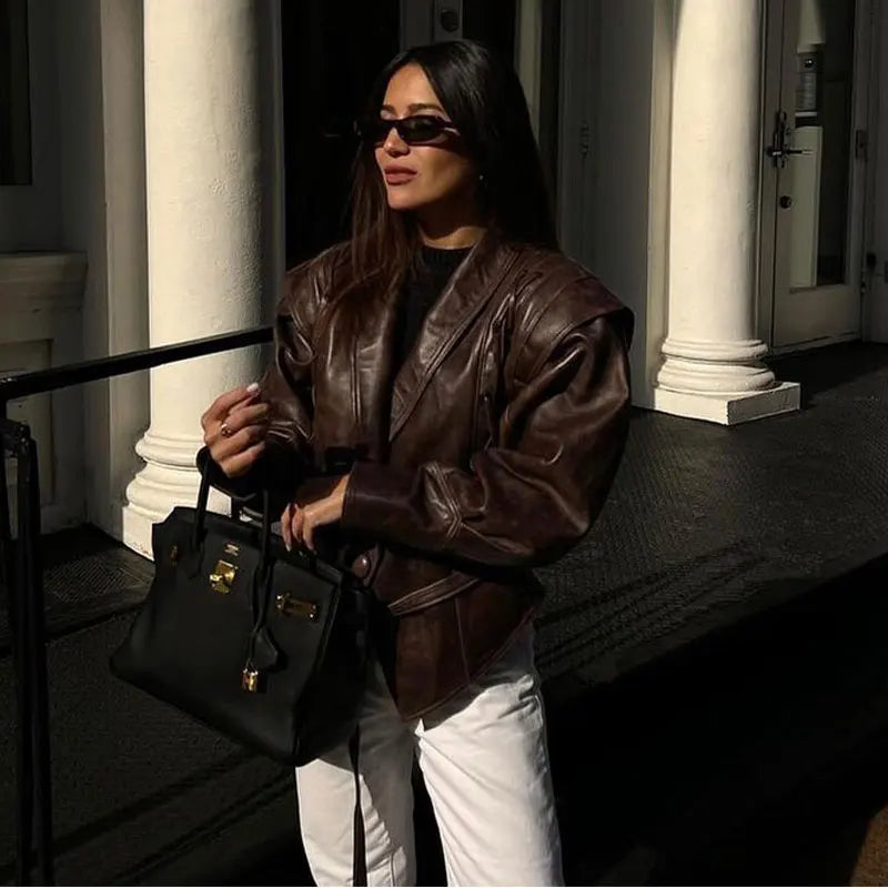 Vintage Pu Leather Lace-up Short Jacket For Women Fashion Lapel Long Sleeves Irregular Coat 2023 Ladies Office Commute Outwear - KIMLUD