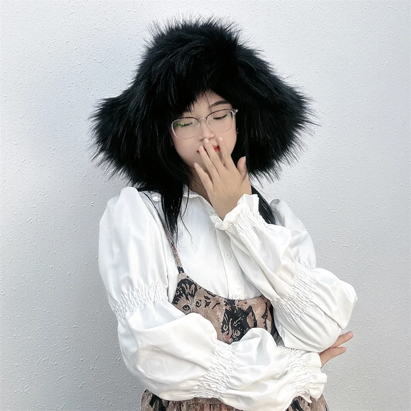 KIMLUD, Winter Women Faux Fur Bucket Hat Warm Raccoon Fur Hat Oversize Outdoor Punk Hat Girl Fashion Long Fur Bucket Hat Furry Cute Cap, black1 / CHINA, KIMLUD APPAREL - Womens Clothes