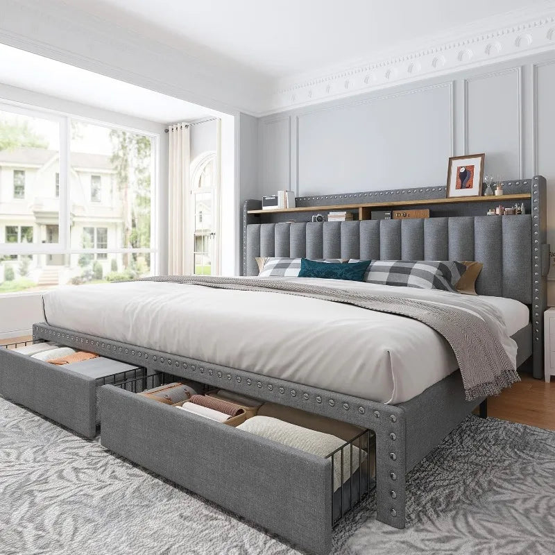KIMLUD, King Size Bed Frame with Storage and Headboard, Upholstered King Bed Frame with Storage, Grey King Bed Frame with 2 Drawers, United States, KIMLUD APPAREL - Womens Clothes