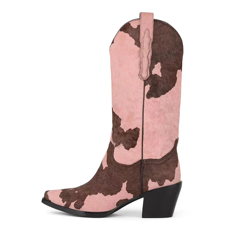 Knee-Length Elastic Rider Boots Round Heel Square Toe Western Boots Plus Size Knee-High Women's Boots - KIMLUD
