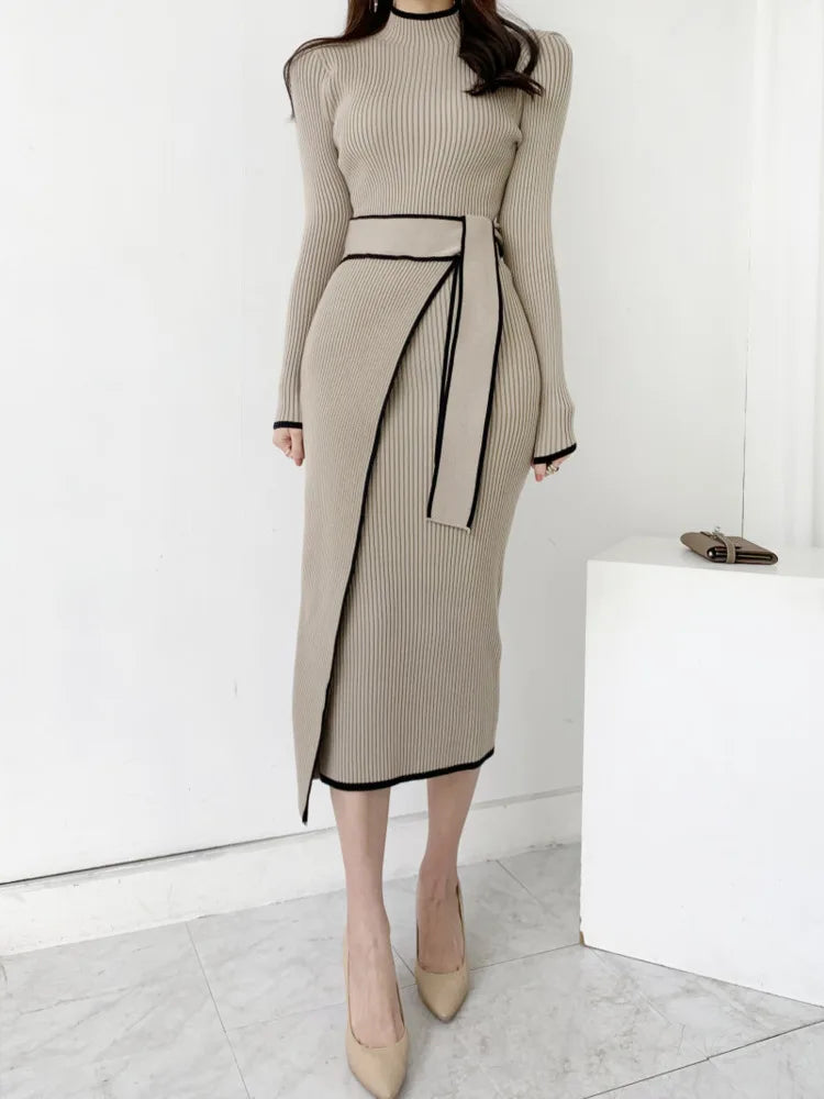KIMLUD, Elegant Stand Collar Contrast Bandage Long Sleeve Women Knitted Dress Autumn Korean Fashion Casual Knit Bodycondresses Vestidos, KIMLUD Womens Clothes