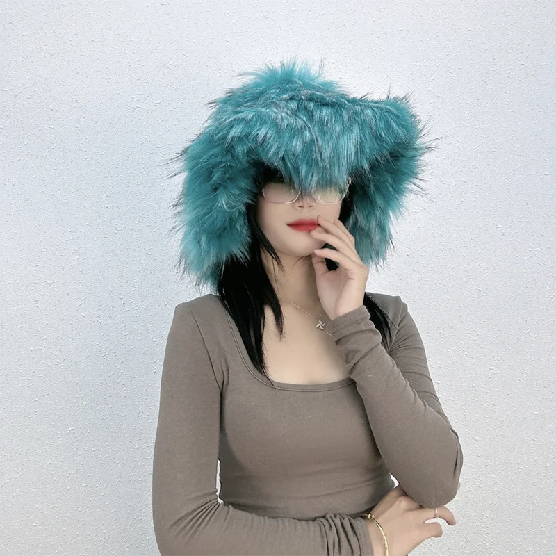 KIMLUD, Winter Women Faux Fur Bucket Hat Warm Raccoon Fur Hat Oversize Outdoor Punk Hat Girl Fashion Long Fur Bucket Hat Furry Cute Cap, lake blue / CHINA, KIMLUD APPAREL - Womens Clothes