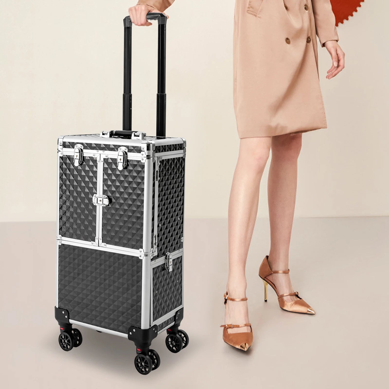 Multi-tier Rolling Makeup Case, Heavy-duty ABS and Fiberboard Construction, Ergonomic Handle, Perfect for Hairstylists