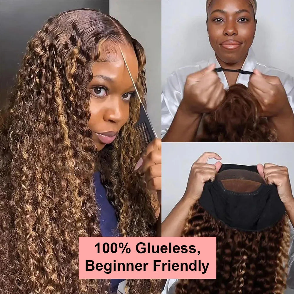 4/27 Ombre Curly Highlight Wig Human Hair Preplucked 7x5 Lace Closure Glueless Wigs Human Hair Deep Wave Ready To Wear For Women