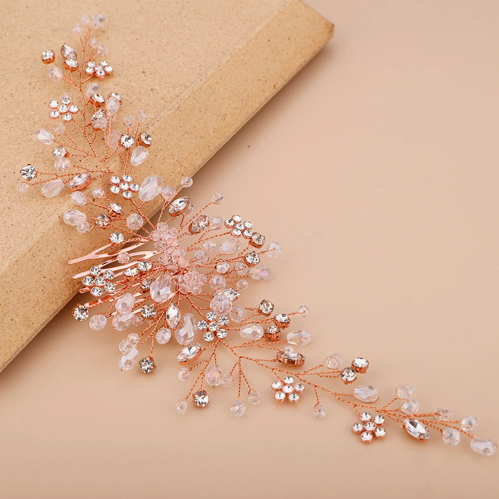 Vintage Rose gold Silver Wedding Accessories bridal headwear Shiny Crystal Hair comb Elegant banquet for women - KIMLUD