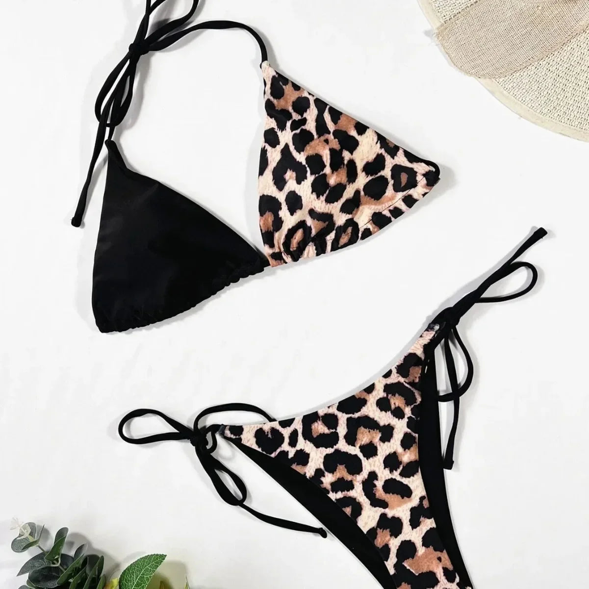 New Split Women's Swimsuit Leopard Print Sexy Halter Suspender Bikini Triangle Bag Bikini