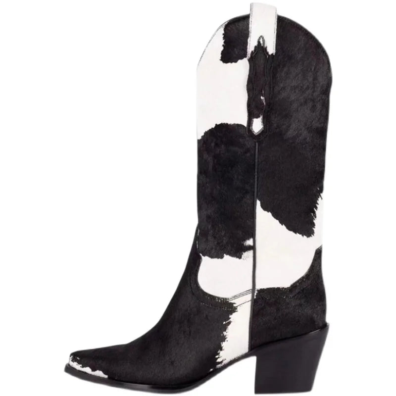 Knee-Length Elastic Rider Boots Round Heel Square Toe Western Boots Plus Size Knee-High Women's Boots - KIMLUD