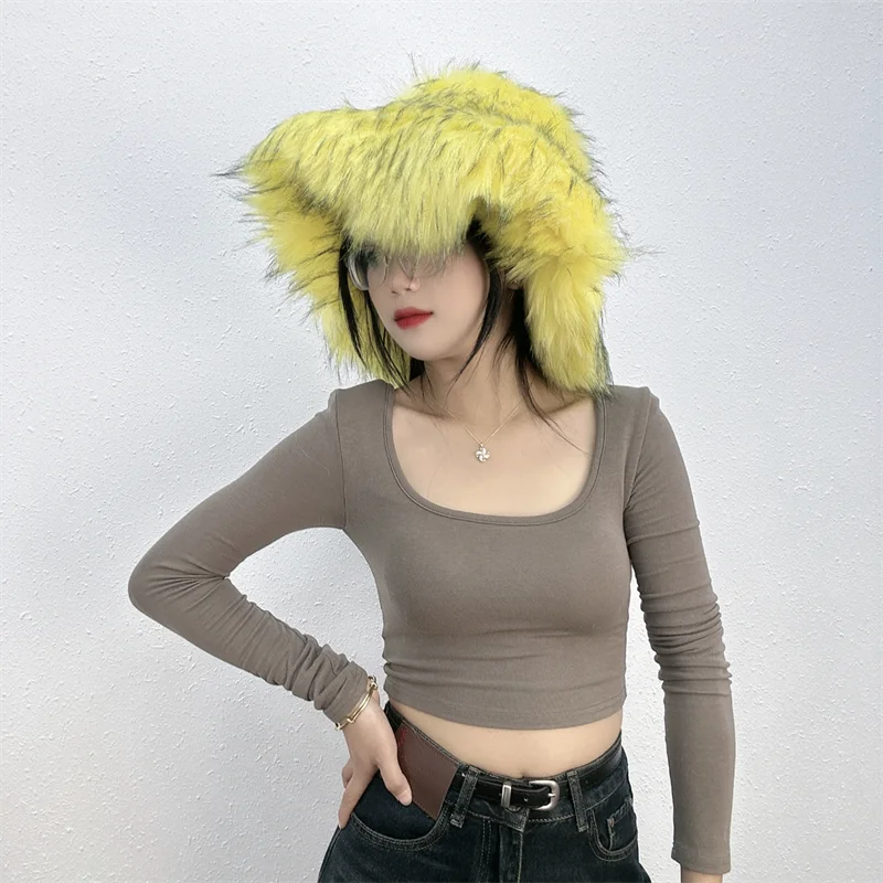 KIMLUD, Winter Women Faux Fur Bucket Hat Warm Raccoon Fur Hat Oversize Outdoor Punk Hat Girl Fashion Long Fur Bucket Hat Furry Cute Cap, yellow / CHINA, KIMLUD APPAREL - Womens Clothes