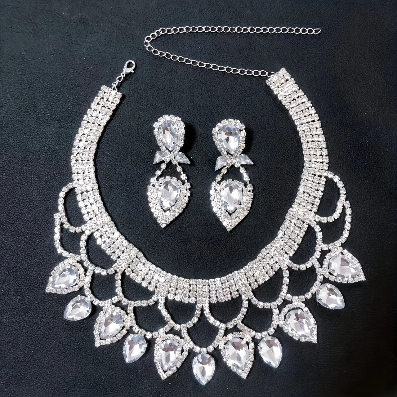 Fashionable ladies' exaggerated and exquisite handmade rhinestone necklace earring set, bride's dance dress jewelry accessories