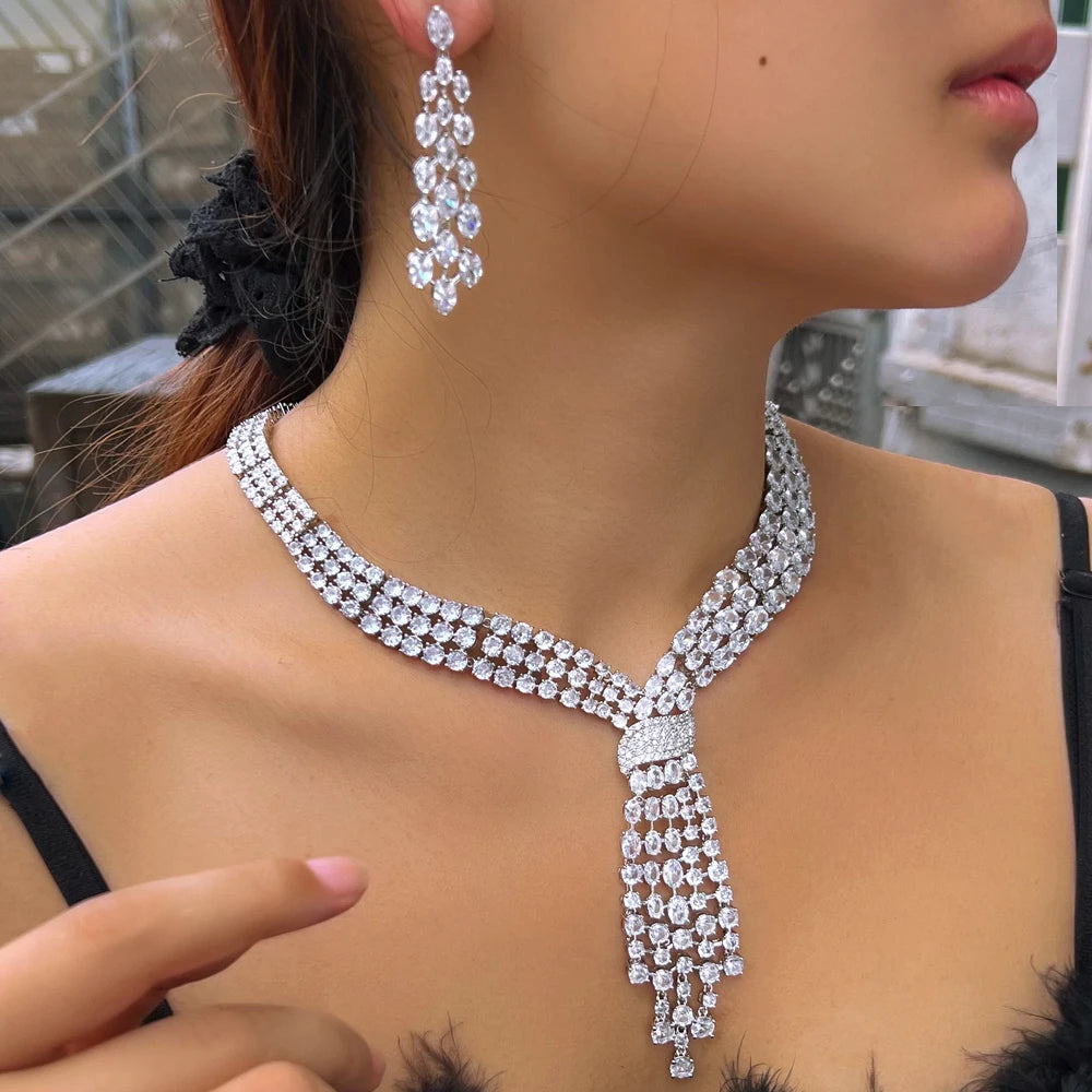 CWWZircons Luxury Dangle Tassel Drop Cubic Zirconia Big Wedding Bridal Party Necklace and Earrings Jewelry Sets for Women T750