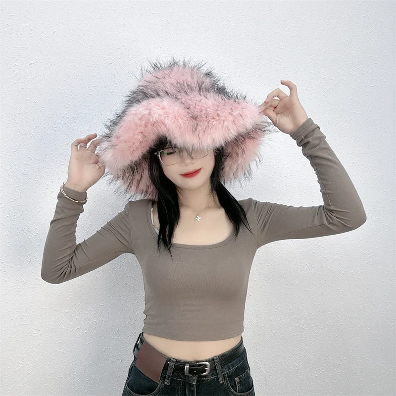 KIMLUD, Winter Women Faux Fur Bucket Hat Warm Raccoon Fur Hat Oversize Outdoor Punk Hat Girl Fashion Long Fur Bucket Hat Furry Cute Cap, light pink / CHINA, KIMLUD APPAREL - Womens Clothes