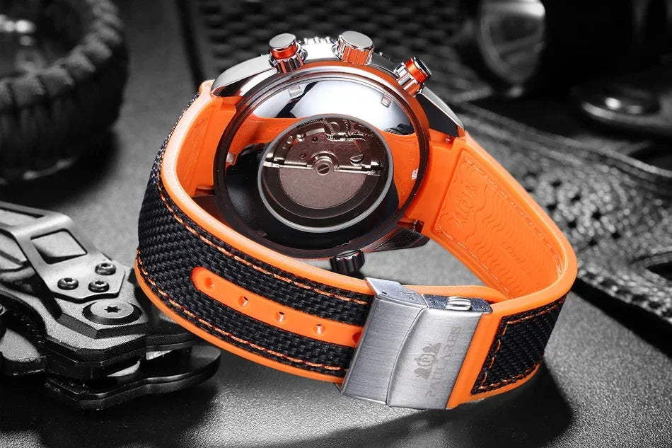 Automatic Watch for Men Mechanical Canvas Rubber Strap Orange Blue Red Multifunction Date Month Reloj Hombre Baratos