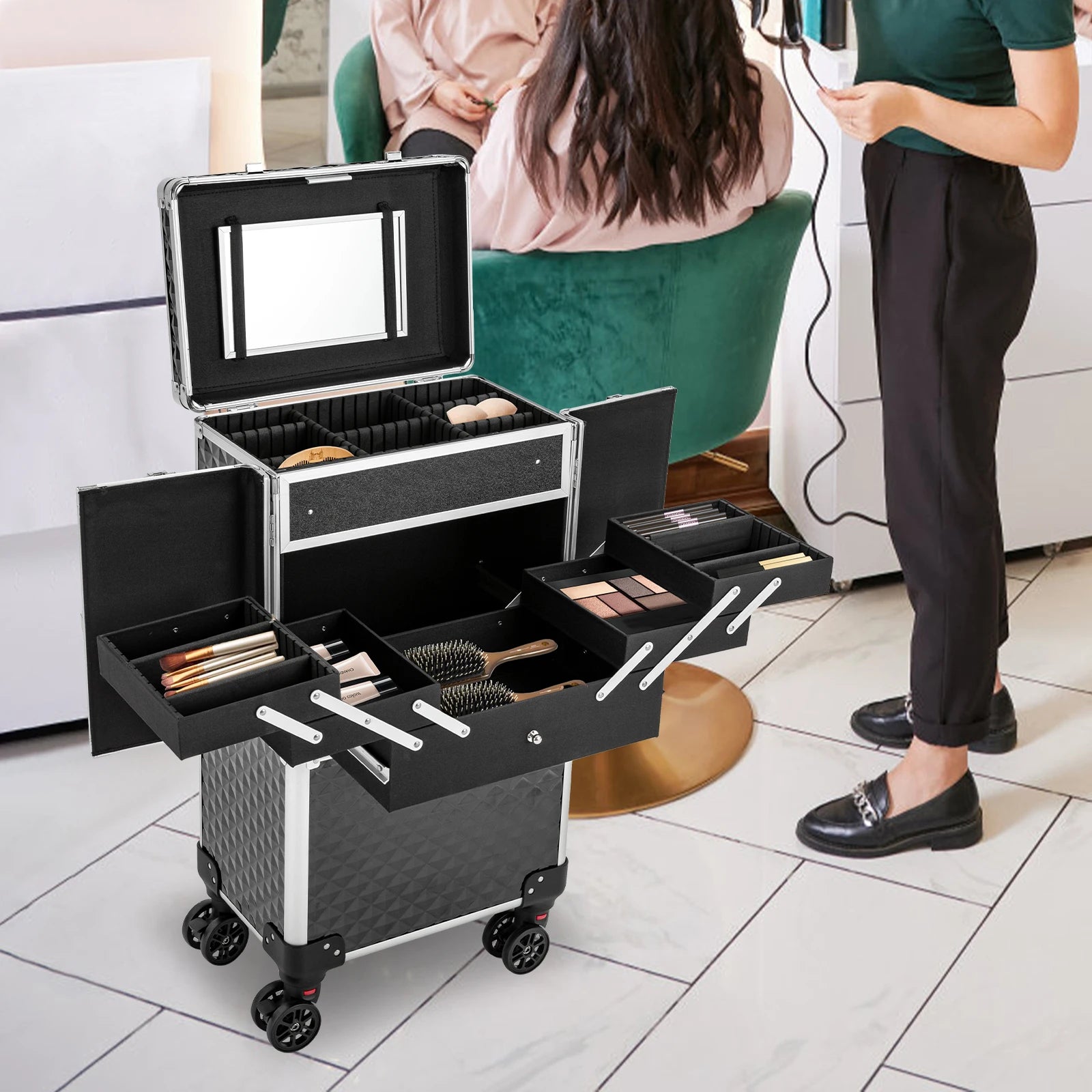 Multi-tier Rolling Makeup Case, Heavy-duty ABS and Fiberboard Construction, Ergonomic Handle, Perfect for Hairstylists