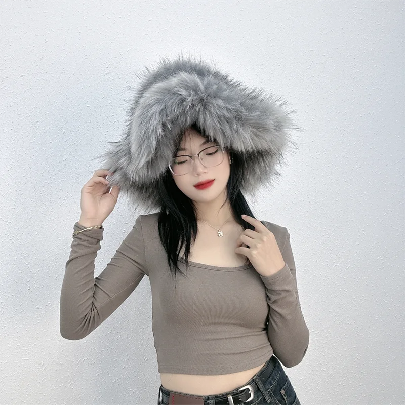 KIMLUD, Winter Women Faux Fur Bucket Hat Warm Raccoon Fur Hat Oversize Outdoor Punk Hat Girl Fashion Long Fur Bucket Hat Furry Cute Cap, gray / CHINA, KIMLUD APPAREL - Womens Clothes
